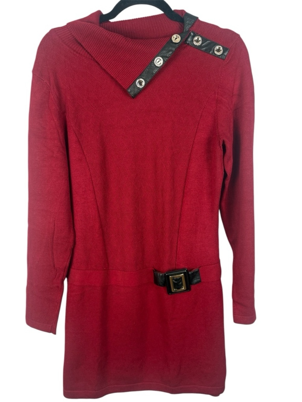 Le Grenier Asymmetrical Faux-Leather Trim Soft Knit Sweater Medium Tunic Dress